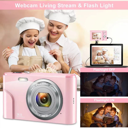 Digital camera 1080P HD compact camera 36 megapixel mini video camera 2.4" LCD digital camera rechargeable photo camera with 16X digital zoom for students/adults/kids/beginners (pink)