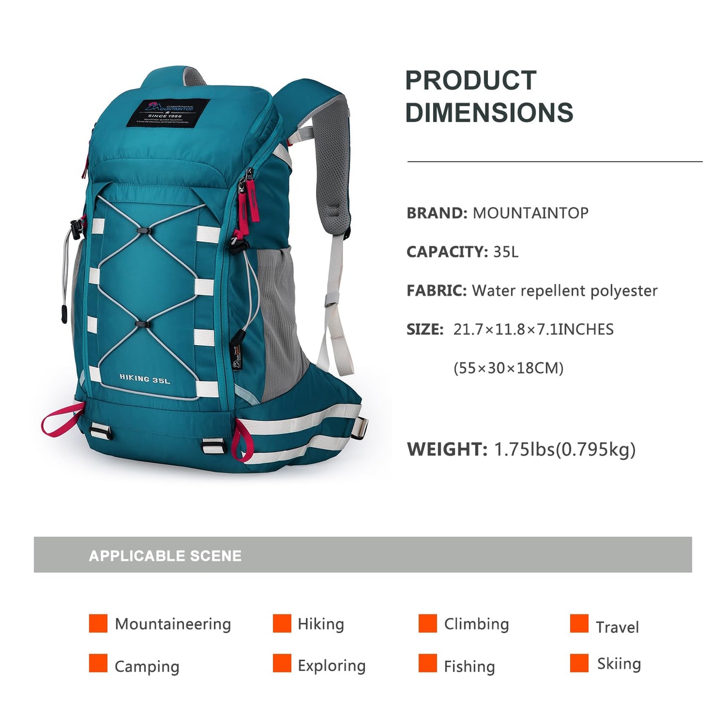 Mountaintop 35L hiking backpack for men and women. Ideal for camping, hiking, cycling, and day trips. Includes rain cover. Dimensions: 55x30x18cm.