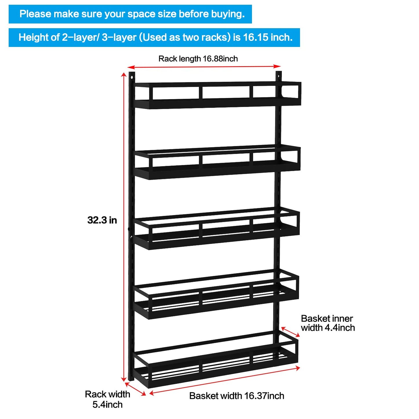 X-cosrack Spice Rack Wall Shelf 5 Levels Adjustable Height Spice Rack for Kitchen Cabinet Door, Hanging Shelf with Hooks, Black