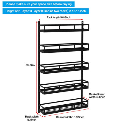 X-cosrack Spice Rack Wall Shelf 5 Levels Adjustable Height Spice Rack for Kitchen Cabinet Door, Hanging Shelf with Hooks, Black