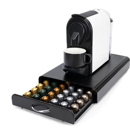 SYSYLY Capsule Holder, Drawer for Nespresso Capsule Storage, Organizer for 60 Capsules, Metal, Black.