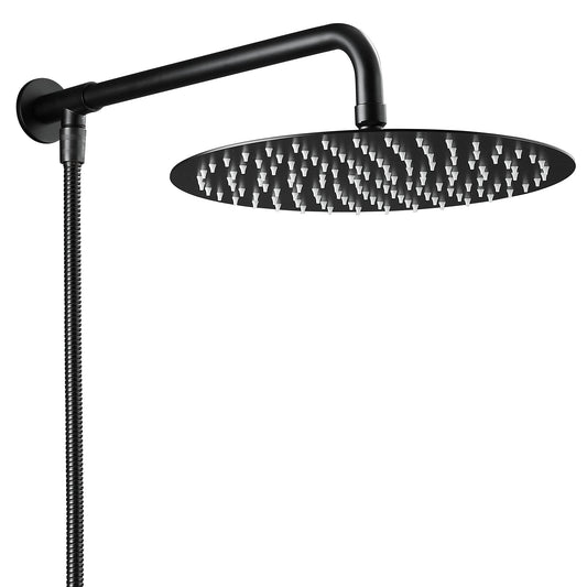 Matte black shower head rain shower with shower arm and hose, 25 cm