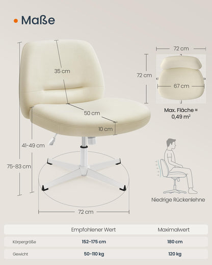 SONGMICS HOME Tailor's Chair, Makeup Chair, Armless Swivel Chair, Desk Chair, Wide Seat, Modern with Cross Base, Adjustable Height, Tilt Function, Cream White OBG046W01
