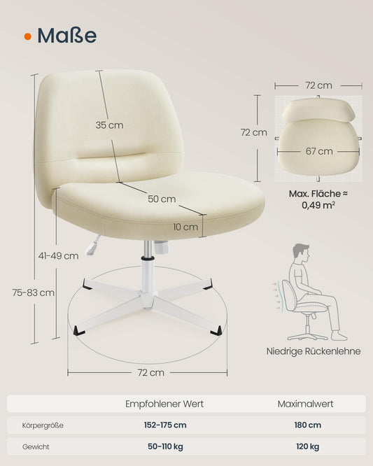 SONGMICS HOME Tailor's Chair, Makeup Chair, Armless Swivel Chair, Desk Chair, Wide Seat, Modern with Cross Base, Adjustable Height, Tilt Function, Cream White OBG046W01