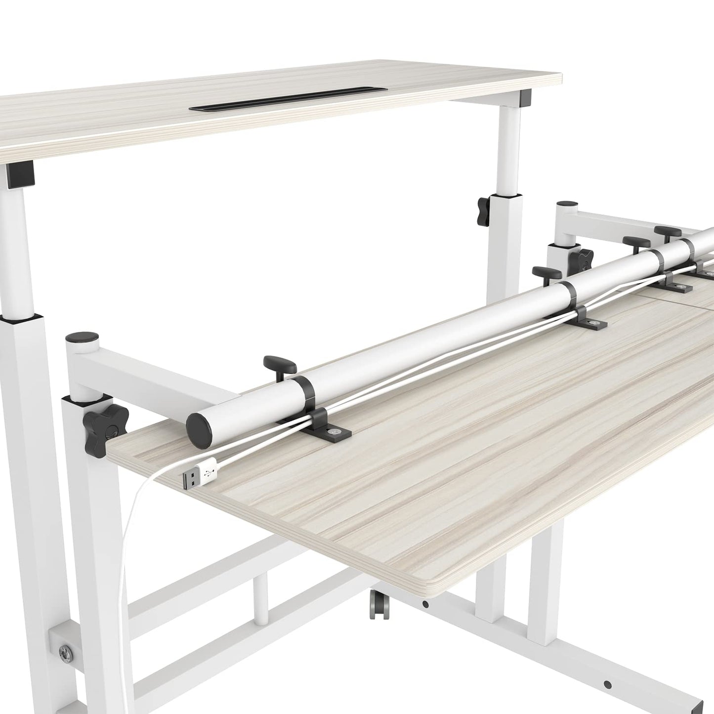 DlandHome standing table, rolling with lockable wheels, adjustable height 67-115 cm, computer desk, multi-functional with 3 tiers, for laptop, maple.