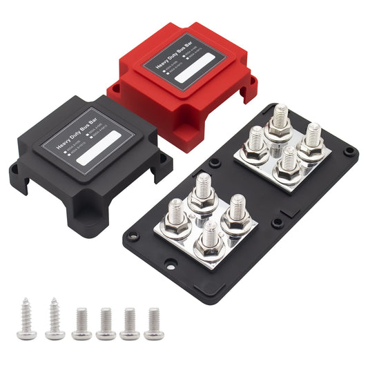 STANEW 400A Bus Bar Box Fuse Block Holder Copper-Made Heavy Duty Module Suitable 12V-48V DC, 8 x M10 (3/8 Inch) for solar-powered RVs, busbar clamps Black+Red Cover