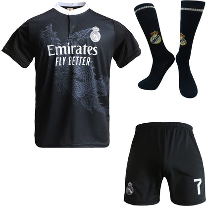 BlackAzat Madrid Home #7 Retro Black Dragon Limited Special Edition Rare Football Kids Jersey Shorts Socks Set Youth Sizes (Black, 28)