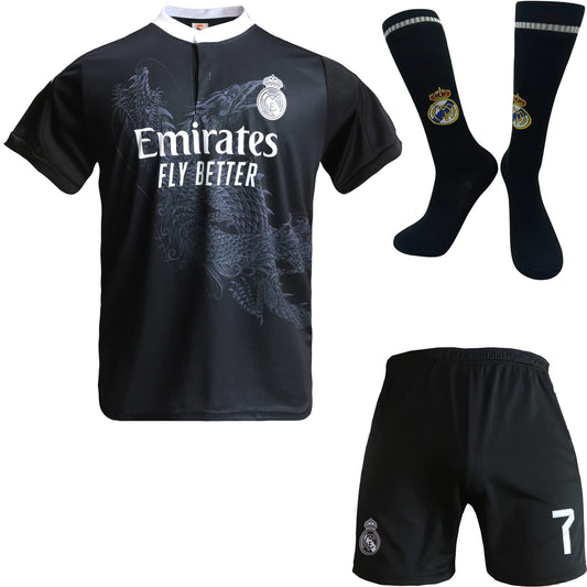 BlackAzat Madrid Home #7 Retro Black Dragon Limited Special Edition Rare Soccer Kids Jersey Shorts Socks Set Youth Sizes (Black, 26)