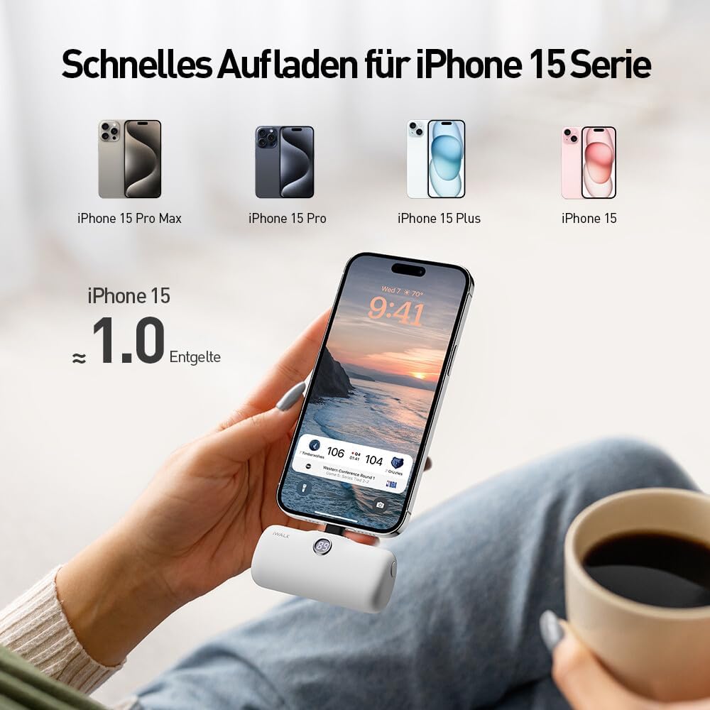 iWALK Powerbank 4800mAh [USB-C Version], 20W fast charging portable charger, small external battery compatible with iPhone 16/15, 16/15 Pro, Samsung Galaxy S25, Xiaomi Note 13, white, for women, men.