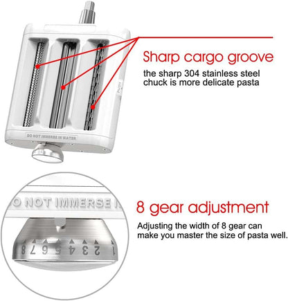 Pasta attachment for KitchenAid stand mixers. 3-in-1 set includes pasta roller, spaghetti cutter, and fettuccine cutter. Perfect accessory for making homemade pasta.