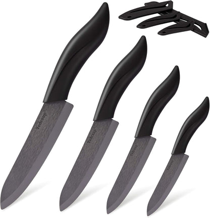 Ceramic Knife Set 4 - Very sharp vegetable knife Good handling small kitchen knife, Contains a 7.6cm paring knife, a 10cm fruit knife, a 12.7cm utility knife, a 15.2cm chef's knife (Black)