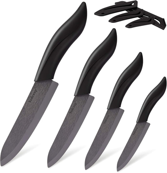 Ceramic Knife Set 4 - Very sharp vegetable knife Good handling small kitchen knife, Contains a 7.6cm paring knife, a 10cm fruit knife, a 12.7cm utility knife, a 15.2cm chef's knife (Black)