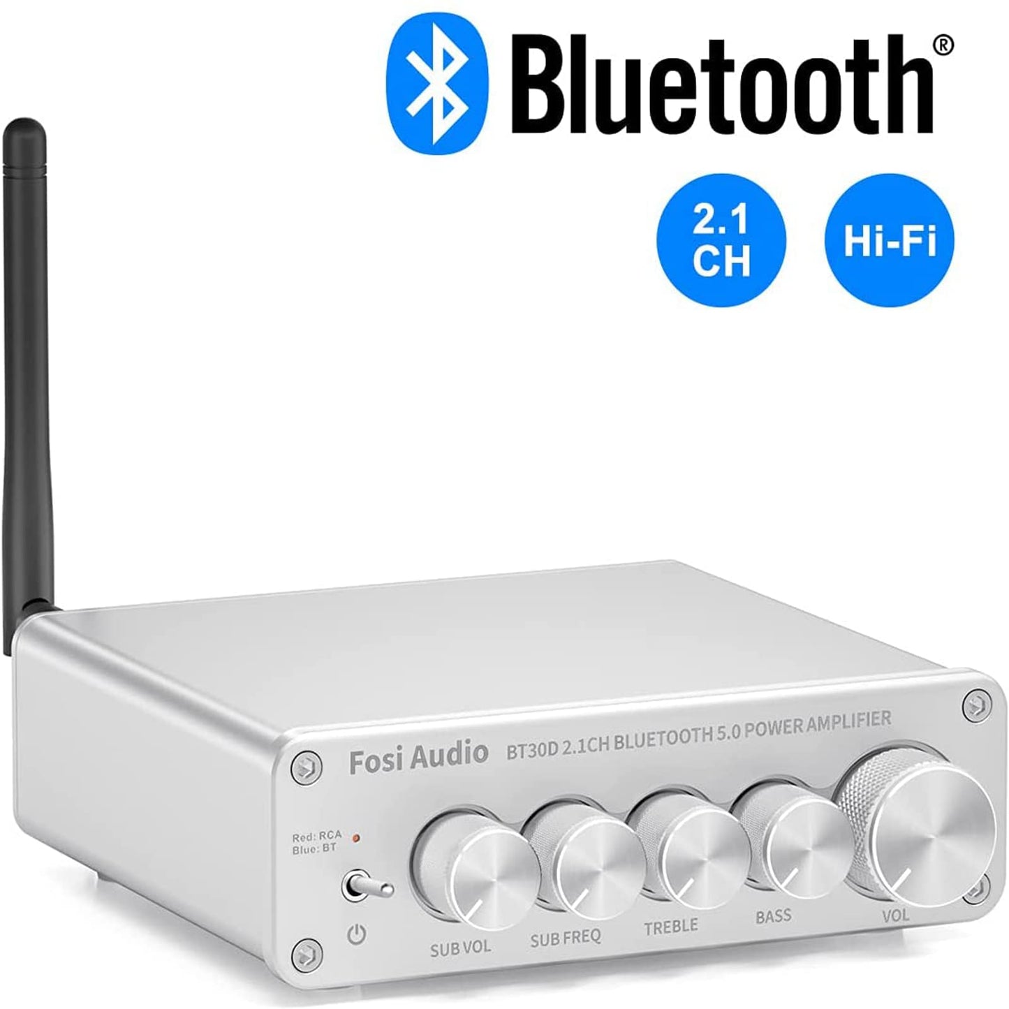 Fosi Audio BT30D-S Bluetooth 5.0 amplifier 50 Watts x2 + 100 Watts Mini Hi-Fi Stereo Audio Class D 2.1 Channel Integrated Amplifier for Home Outdoor Passive Speakers Passive/Powered Subwoofer (Silver)