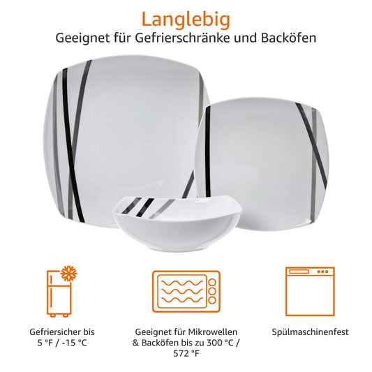 Amazon Basics 18-Piece Dinnerware Set, Modern Rays Design, for 6 People