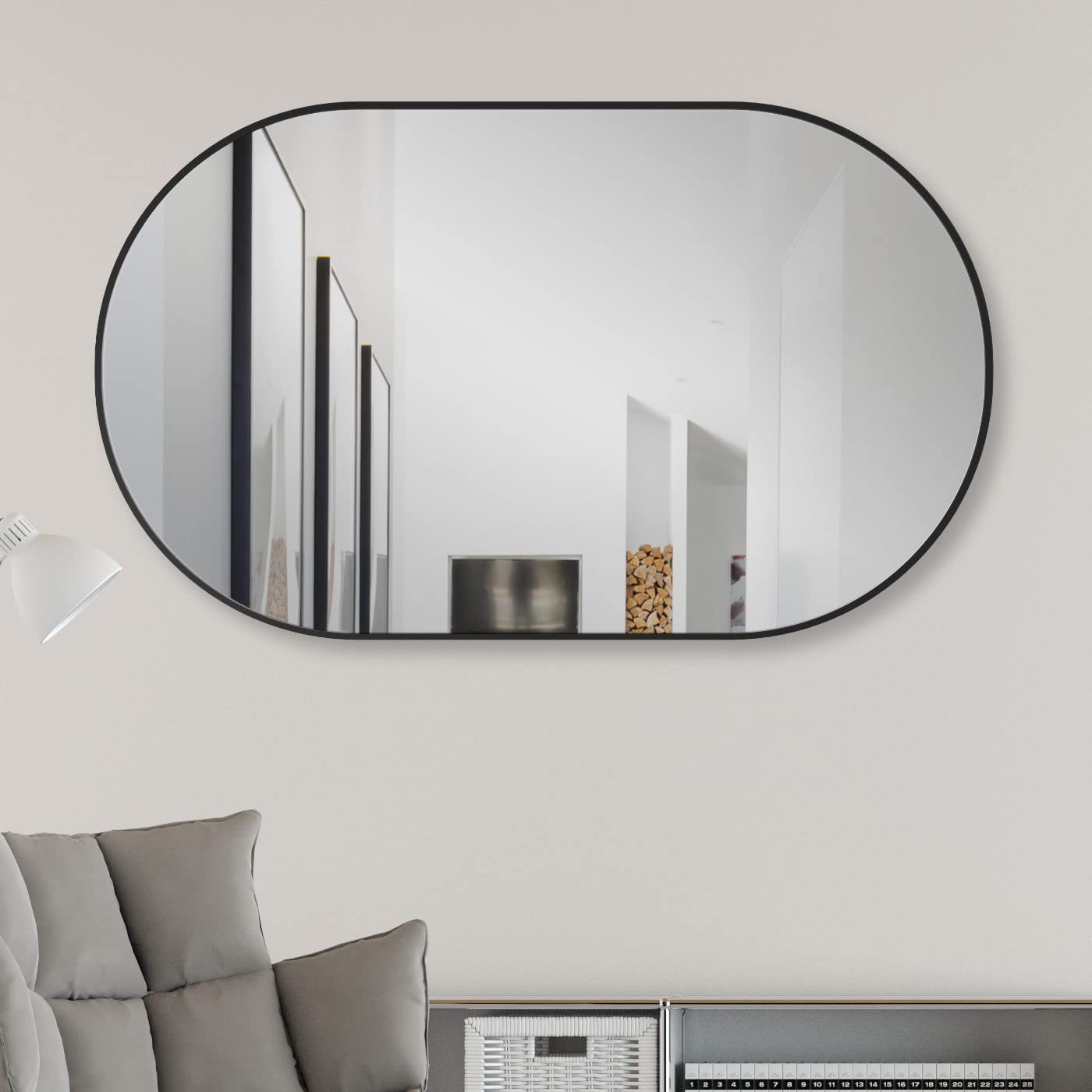HOKO Design wall mirror oval 50 x 90 cm with metal frame matte black. Vertical and horizontal mounting possible. Oval mirror for bathroom, hallway, and bedroom. Mirror for living room, dining room.