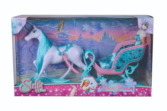 Simba 105733522 - Steffi Love Snow Dream, magical sled with horse and Steffi as ice princess, L:50cm, Doll 29cm, Suitable for children aged 3 years and up.