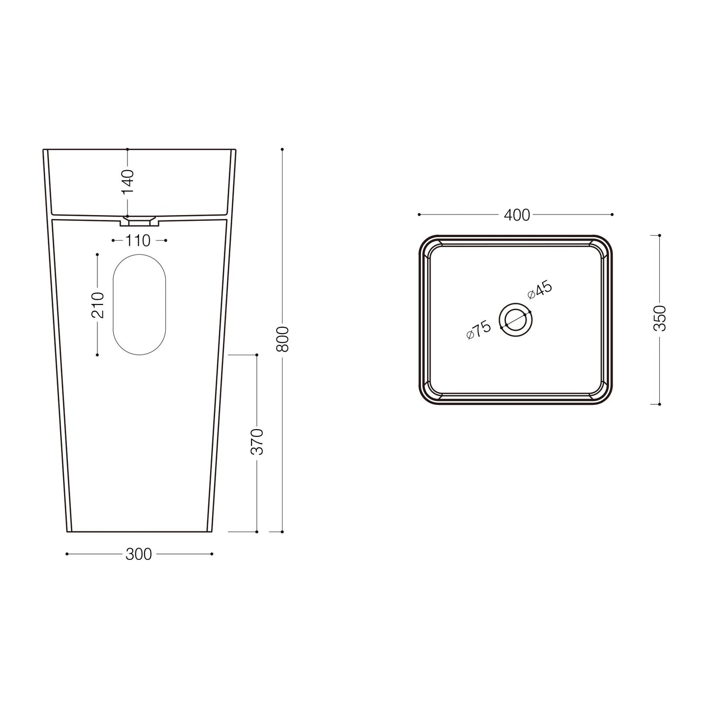 Mai & Mai design free-standing pedestal sink Col31 White, made of mineral cast, washbasin, dimensions: 40x35x82cm