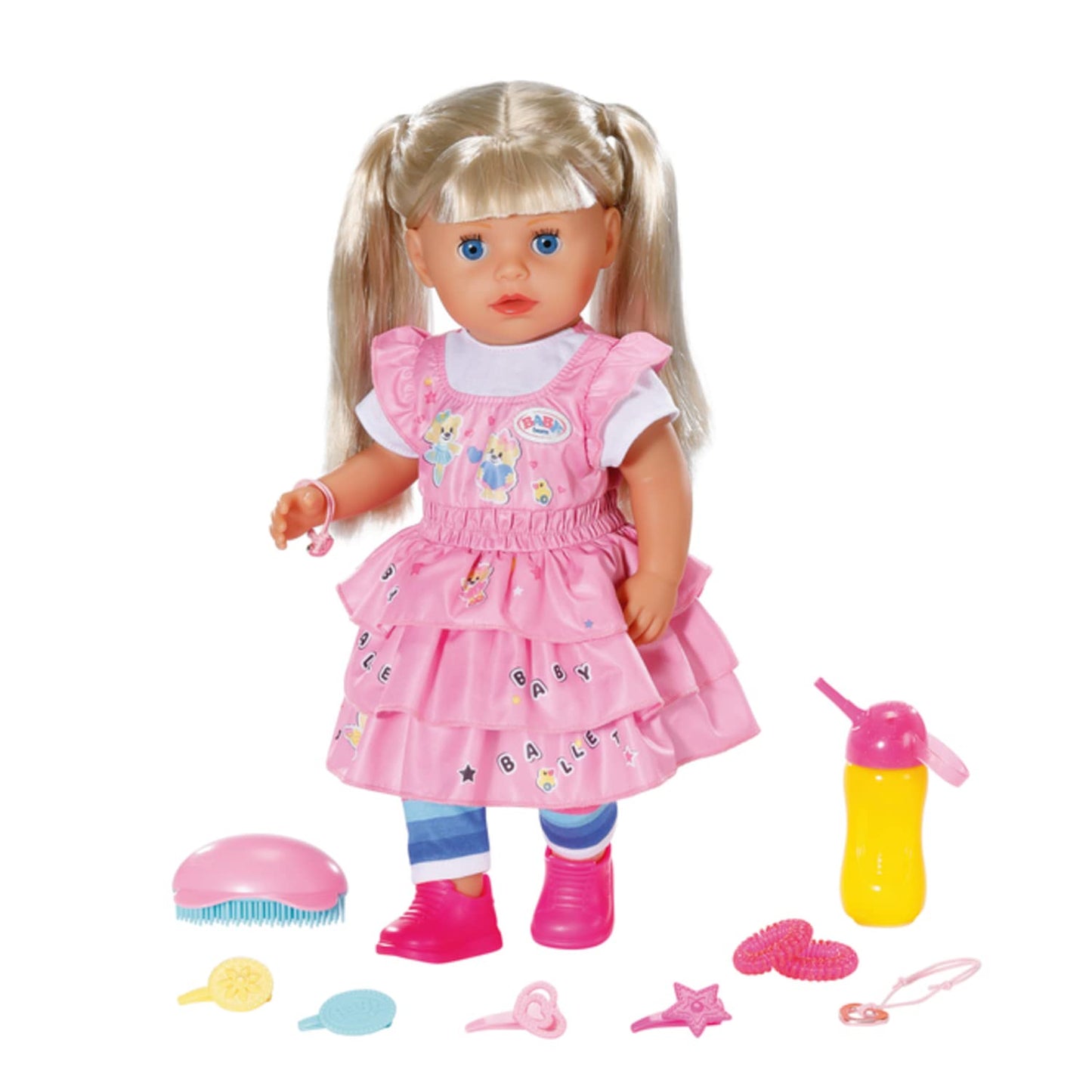 BABY born Kindergarten Little Sister doll with hair and functions, no batteries required. Includes accessories. Suitable for children aged 3 and up. 36 cm tall. Zapf Creation product number 828533.