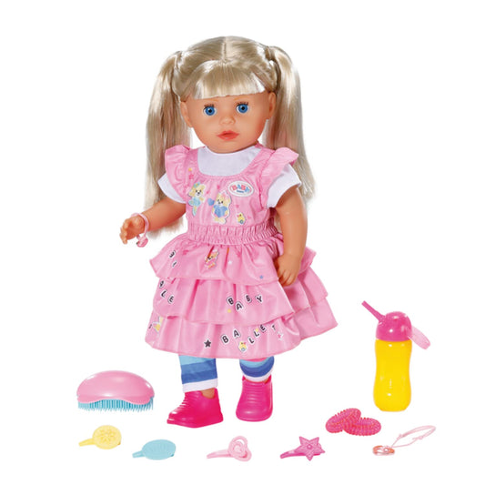 BABY born Kindergarten Little Sister doll with hair and functions, no batteries required. Includes accessories. Suitable for children aged 3 and up. 36 cm tall. Zapf Creation product number 828533.