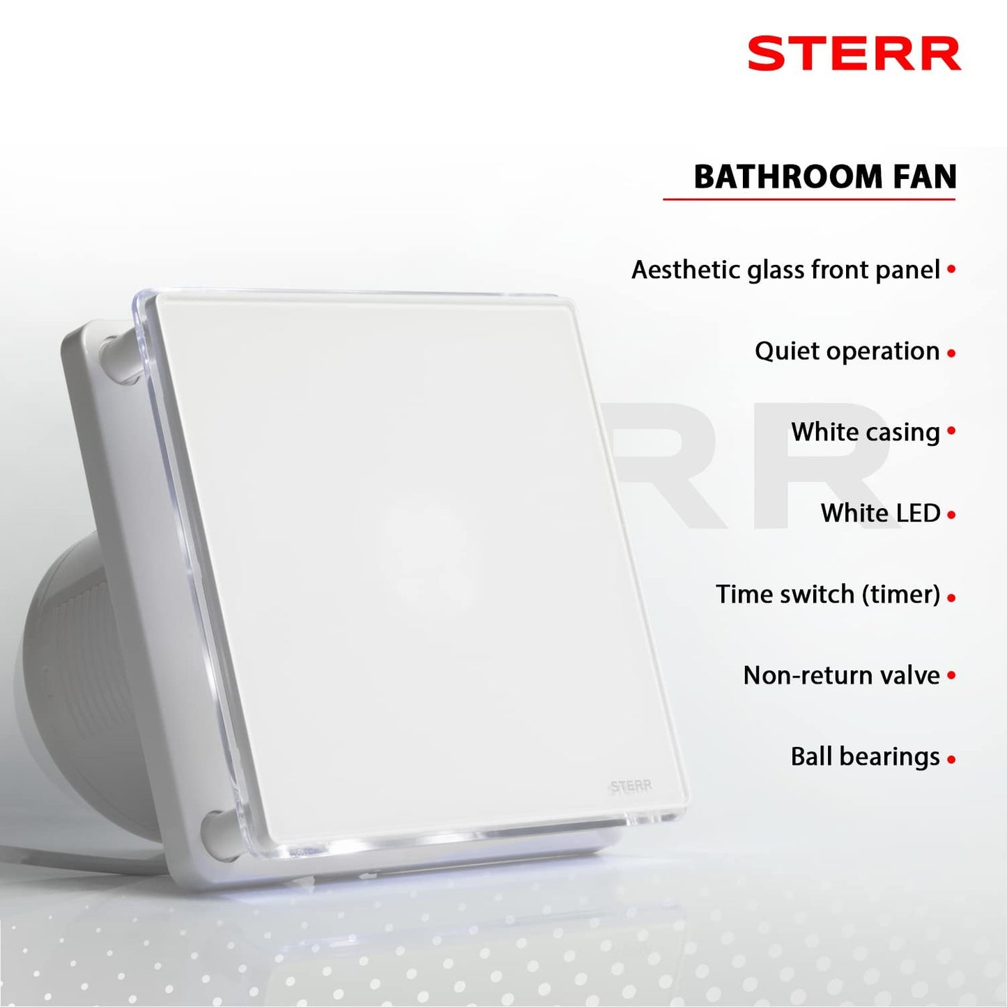 STERR White Bathroom Fan 100 mm with LED + TIMER - Bathroom Ventilation Fan - Glass Front - Modern Appearance - BFS100LT - 10 W