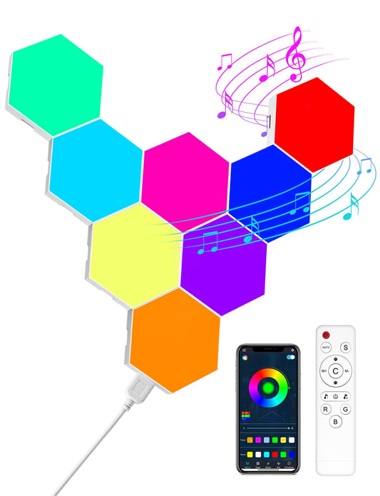 Hexagon LED Panels - 8 pieces Hexagon RGB Smart Wall Light Indoor Creative decorative Hexa LED Light Panels Music Sync for room & Gaming Decor