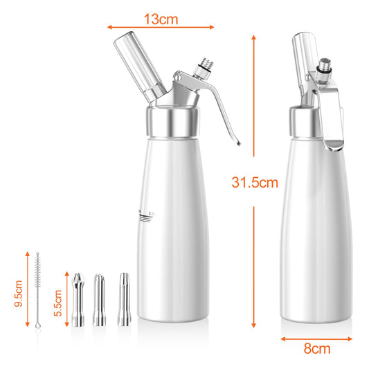 Newaner 500ml cream dispenser, cream syphon aluminum with 3 stainless steel decorative nozzles and 1 cleaning brush, leak-proof cream siphon for preparing whipped cream, cream, mousse, and desserts.