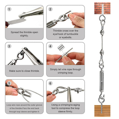 Stainless steel wire rope set with 60pcs, 35m/2mm steel rope for trellis with M5 turnbuckle, eye screw, wire rope clamps, aluminum rope clamps.