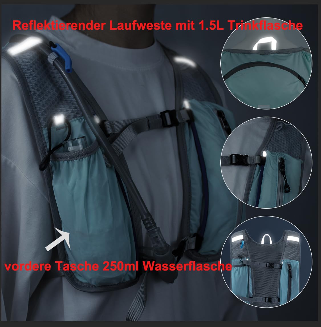 Running vest for women and men, adjustable running vest with 1500ml water bottle, 5L reflective running pack with phone holder, suitable for outdoor runs, jogging, hiking, cycling.