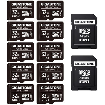 GIGASTONE 32GB MicroSDHC Memory Card 10-Pack + SD Adapter, for Action Camera, GoPro, Drone, and Tablet, Read speed up to 90MB/s, Full HD video recording, Micro SD Card UHS-I Class 10 U1.