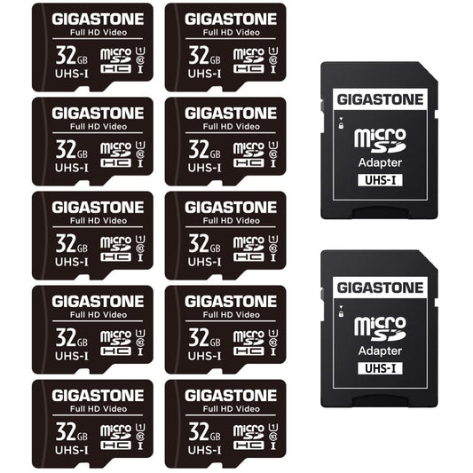 GIGASTONE 32GB MicroSDHC Memory Card 10-Pack + SD Adapter, for Action Camera, GoPro, Drone, and Tablet, Read speed up to 90MB/s, Full HD video recording, Micro SD Card UHS-I Class 10 U1.