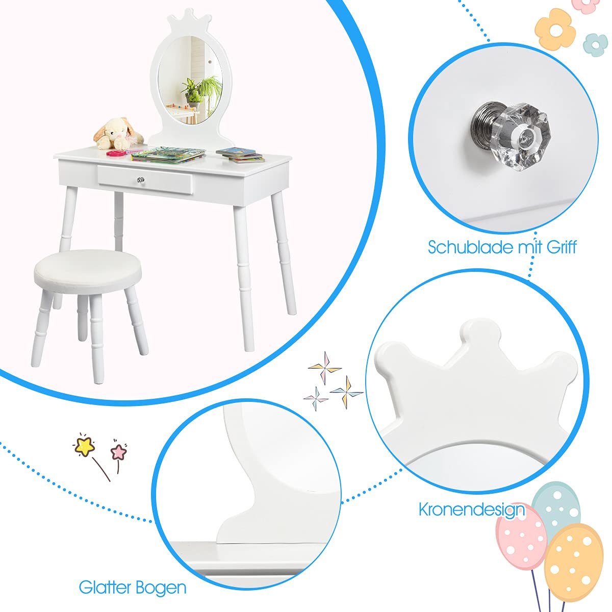 GOPLUS Kids Vanity Set with Stool, Girls Dressing Table with Mirror, Children's Cosmetic Table with Drawer, Wooden Makeup Dresser for Kids' Room (White)