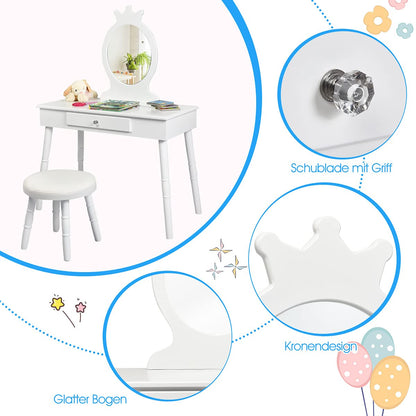 GOPLUS Kids Vanity Set with Stool, Girls Dressing Table with Mirror, Children's Cosmetic Table with Drawer, Wooden Makeup Dresser for Kids' Room (White)