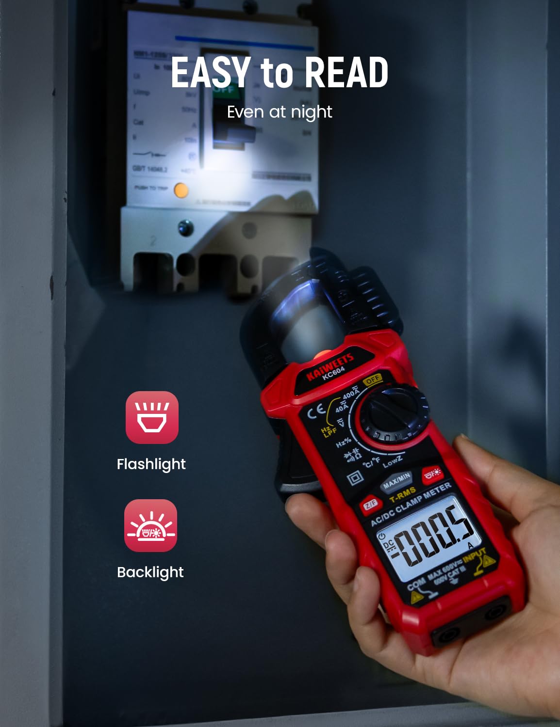 KAIWEETS Clamp Meter AC DC, True-RMS 4000 Count Clamp Multimeter with Flashlight Backlight for measuring AC/DC voltage current temperature continuity diode NCV, KC604.