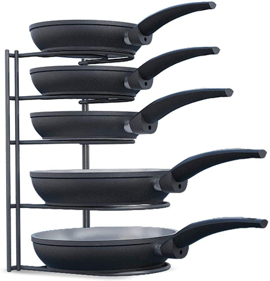 SASONCO Pan Organizer, Pot Organizer, sturdy 5-tier rack for cast iron pans, griddles, and flat pots, heavy-duty steel construction