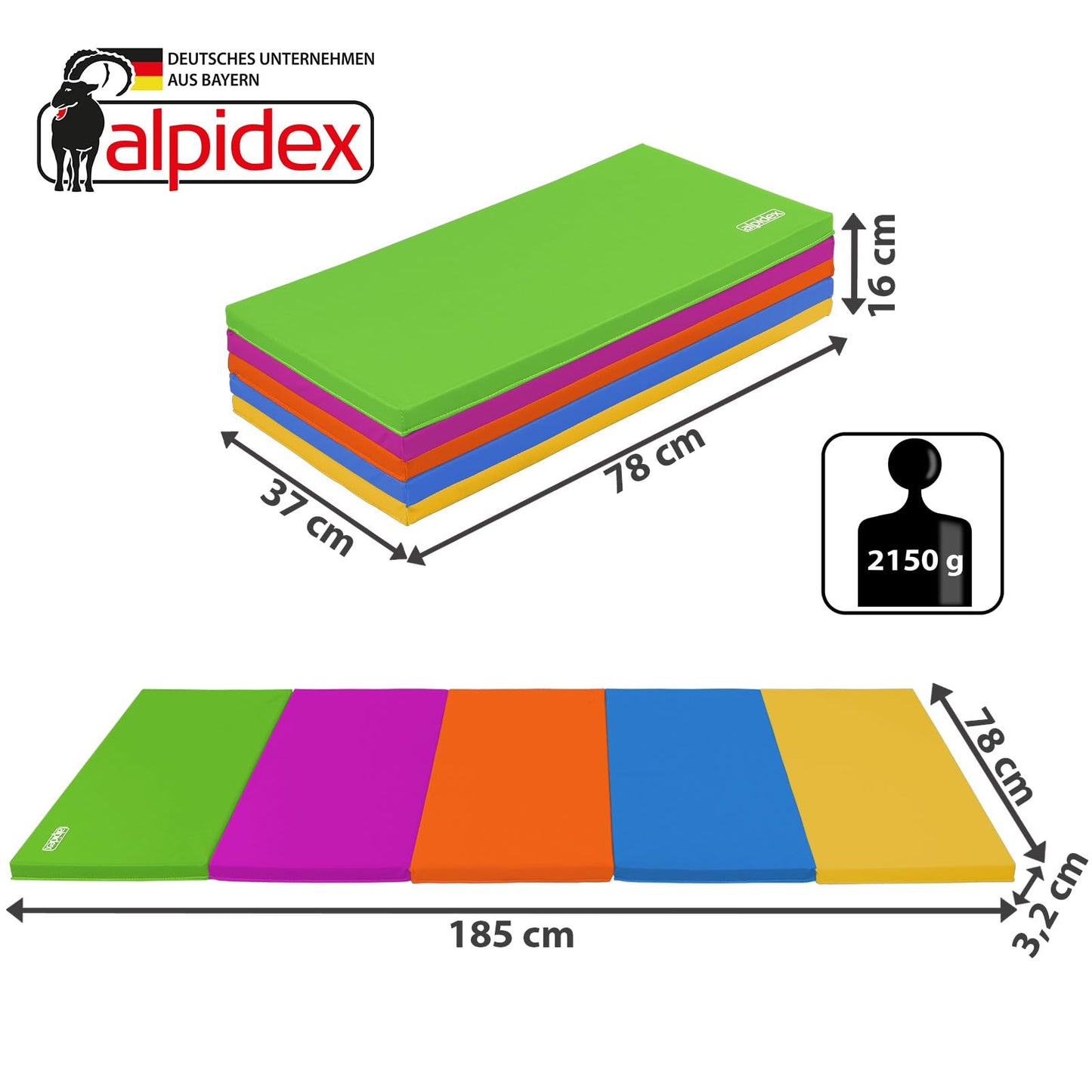 ALPIDEX Folding gymnastics mat 185 x 78 x 3.2 cm Soft floor mat for home, kids, adults, Color: colorful