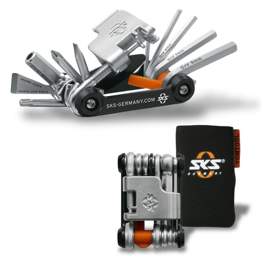 SKS Germany TOM 18 Multitool (18-in-1 mini tool for bikes, stainless tool steel, compact and lightweight for on-the-go, 184 g, includes storage pouch), Silver