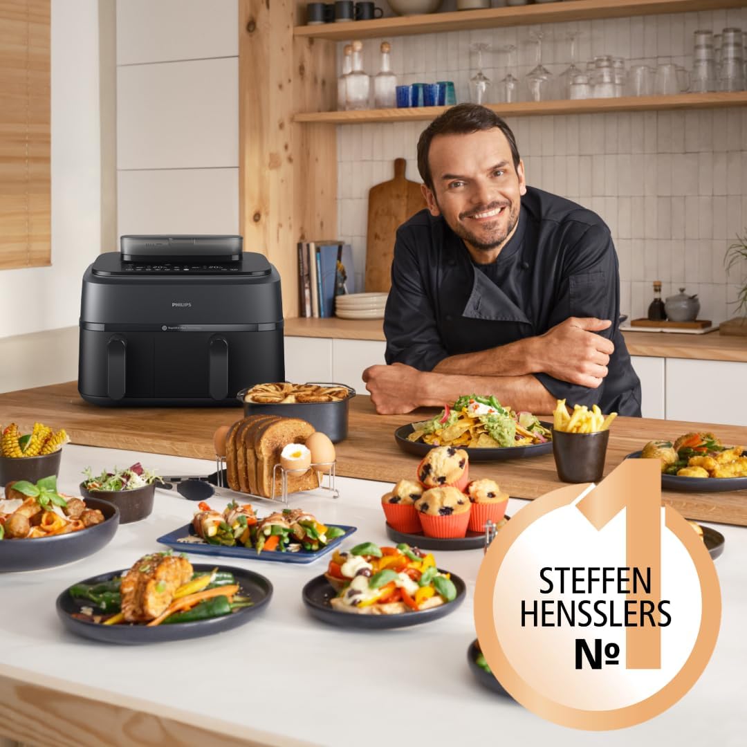 Philips Steam Airfryer 5000 Series Dual Basket - Airfryer & Steamer in one device, 9L, RapidAir Plus Technology, 19 cooking functions, 90% less fat, 2 baskets, steam cleaning (NA550/00)