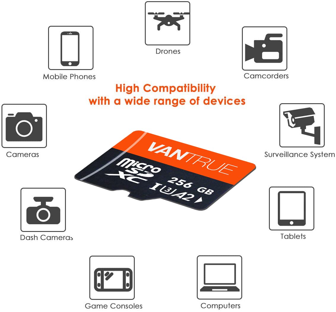 VANTRUE 256GB microSD card, UHS-I U3 4K, with adapter, compatible with dashcams, smartphones, tablets, action cameras, and surveillance cameras (256G)