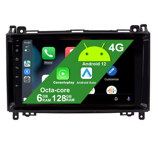 Android 12 car stereo compatible with Mercedes Vito W639 car stereo W169 W245 W639 with CarPlay, Android Auto Octa-Core CPU, 9-inch IPS touchscreen with Bluetooth 5.0 USB WiFi 4G SWC DSP DAB, 6+128GB.