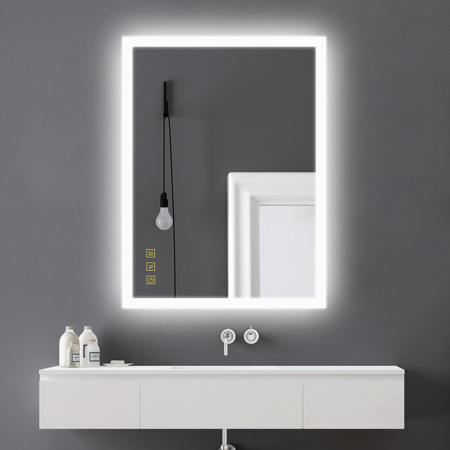 AI-LIGHTING Bathroom Mirror with Lighting 80x60 cm LED Lighted Bathroom Mirror with Socket, Fog-Free, 3 Light Colors Illuminated Mirror with Touch Switch Energy Efficient, Lunar Rectangle