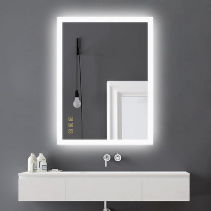 AI-LIGHTING Bathroom Mirror with Lighting 80x60 cm LED Lighted Bathroom Mirror with Socket, Fog-Free, 3 Light Colors Illuminated Mirror with Touch Switch Energy Efficient, Lunar Rectangle