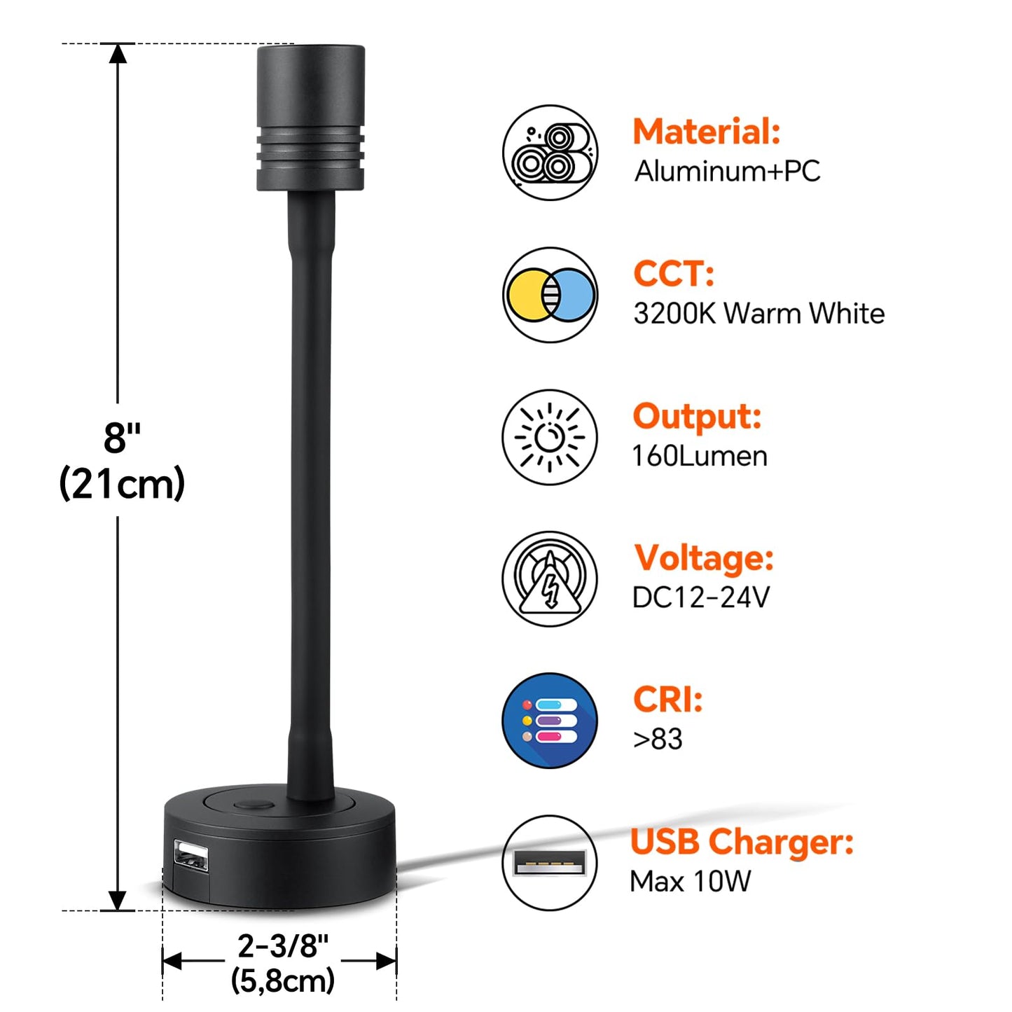 Beaming LED reading lamp 12V dimmable camper flexible gooseneck USB port, wall lamp bedside 2 pieces DC 12V-24V spot for boat RV interior lighting yacht, hardwired wall mount