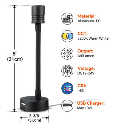 Beaming LED reading lamp 12V dimmable camper flexible gooseneck USB port, wall lamp bedside 2 pieces DC 12V-24V spot for boat RV interior lighting yacht, hardwired wall mount