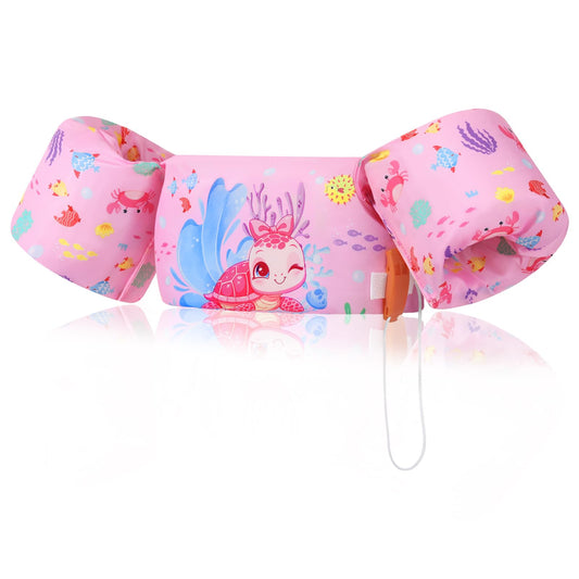 MoKo Kids Swim Arm Bands, Cartoon Floating Swim Training Jacket with Buckle for Boys Girls, 20 to 50 lb, Pink Turtle