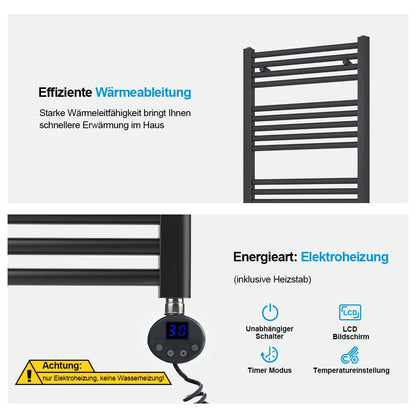 Heilmetz electric towel radiator 100x40cm with digital thermostat and timer function. Straight towel radiator in anthracite 300W.