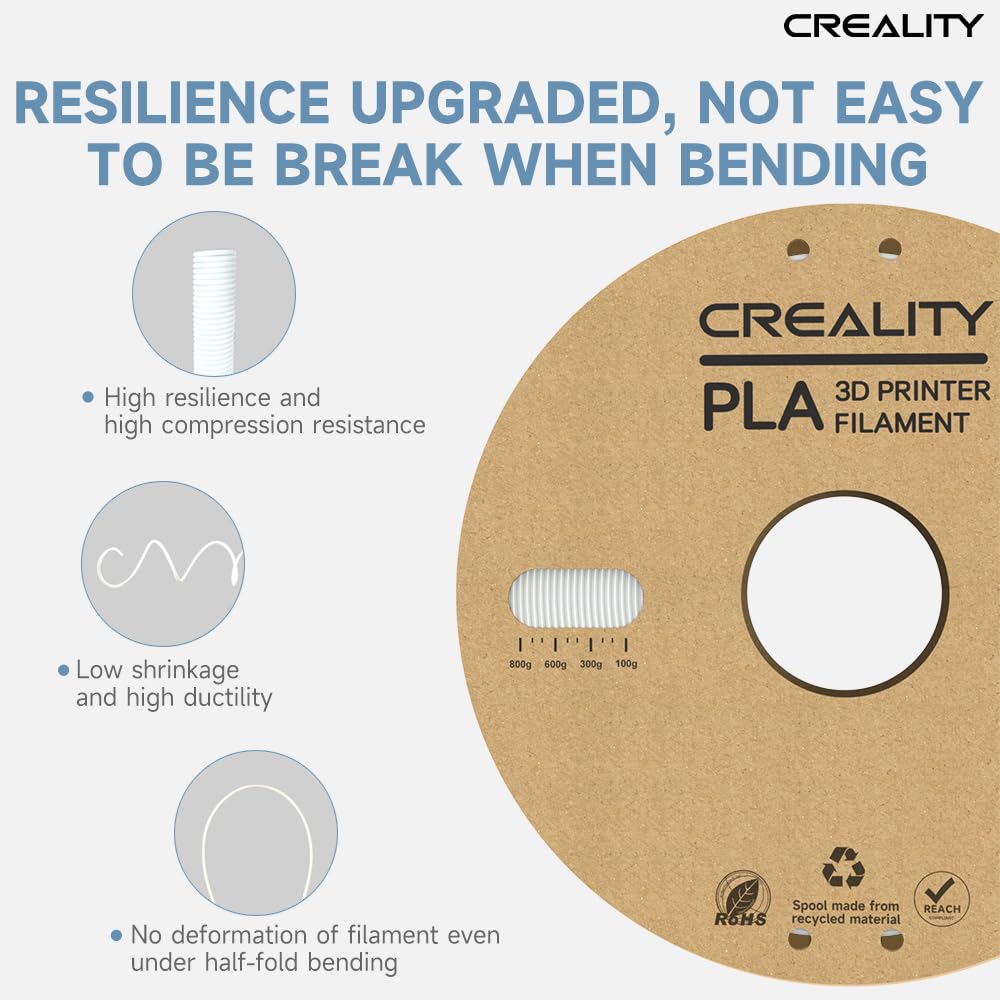 Creality Official PLA 3D Printer Filament 1.75mm, smooth printing, less tangling, with cardboard spool, dimensional accuracy +/- 0.03mm, 1kg/spool, suitable for most FDM 3D printers, white.