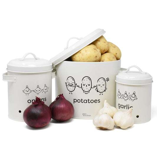 Joeji's Kitchen potato storage box set of 3 metal potato onion garlic storage with lid featuring 360° air circulation to keep vegetables fresh longer Vegetable storage - Cream