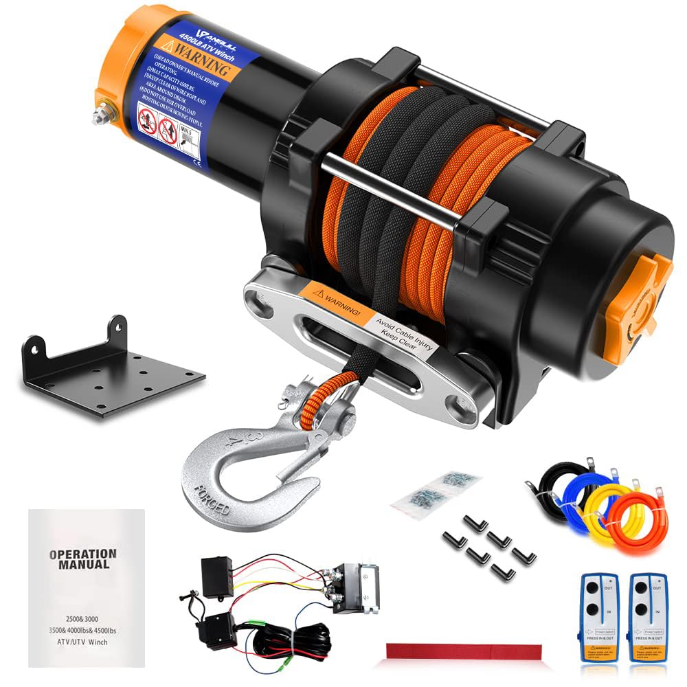 Anbull 12V Electric Winch, 4500 LBS/2045 Kg Motor Winch Rope Hoist, Synthetic Rope, Waterproof to IP67, Nylon Rope, with Mounting Bracket and Remote Control *2, Compatible with ATV UTV