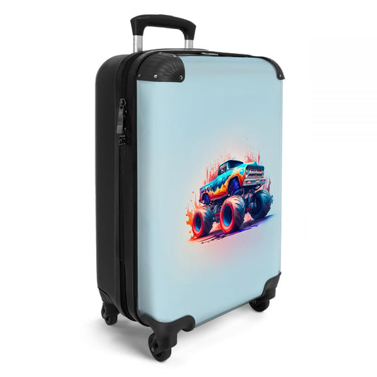 NoBoringSuitcases.com® Kids' trolley boys carry-on mini suitcase Monster Truck - Flames - Blue - 55x35x20cm