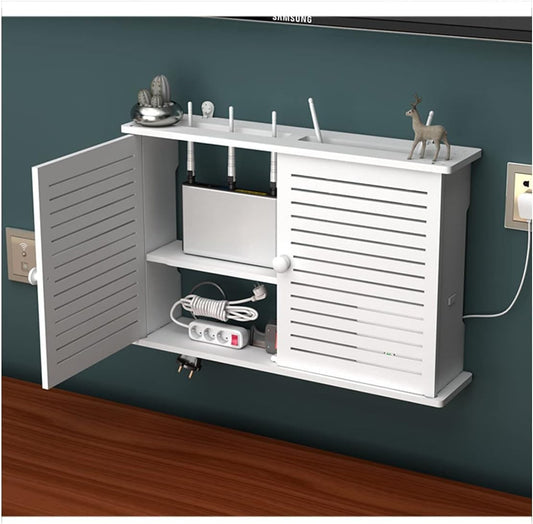 PPGE Home Router Storage Box White, Hide Wall TV Cables, Wood and Plastic Wall Shelf, Cable Management, Floating Shelf, Cable Organizer, WiFi Router Storage